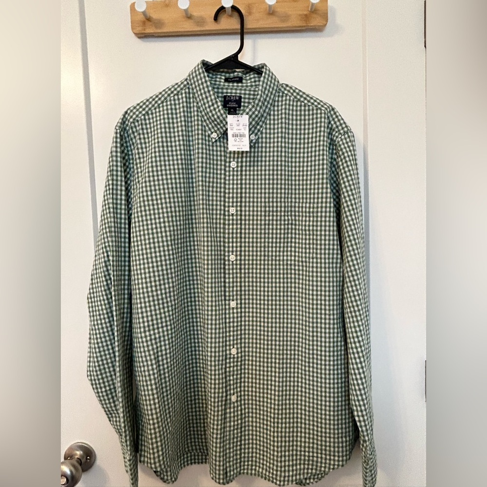 NWT J. Crew Men's Green/White  Gingham Check Shirt.XL.Great Look! Great Comfort!